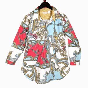 Tizzie Brocade Print Waxed Cotton Longline Shirt Sz XS-S Boho Casual Button Top
